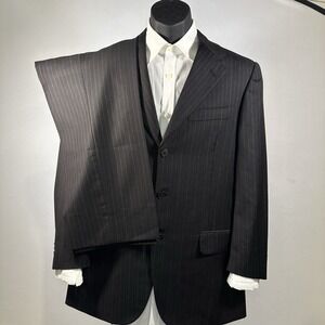 Belvest Suit 2 Pc 38R Black Pinstripe 32 Wool Super 150 Italy Handmade‎ PN546